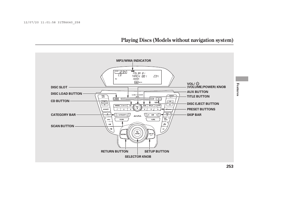 Playing discs (models without navigation system) | Acura 2014 TL - Owner's Manual User Manual | Page 259 / 653