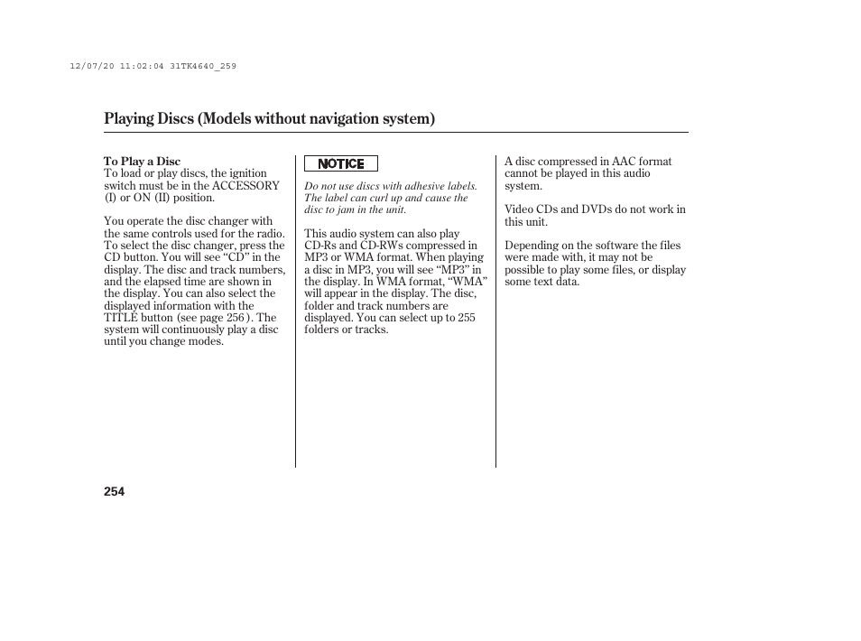 Playing discs (models without navigation system) | Acura 2014 TL - Owner's Manual User Manual | Page 260 / 653