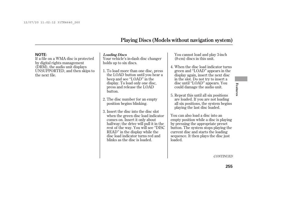 Playing discs (models without navigation system) | Acura 2014 TL - Owner's Manual User Manual | Page 261 / 653