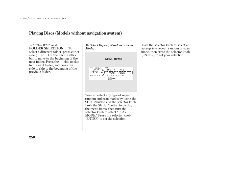 Playing discs (models without navigation system) | Acura 2014 TL - Owner's Manual User Manual | Page 264 / 653