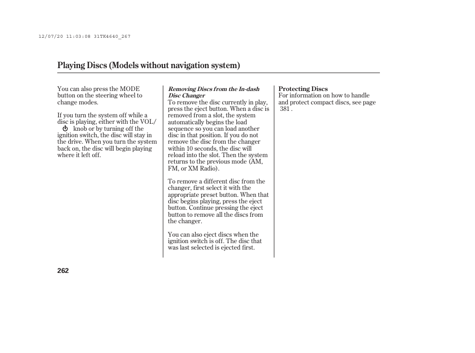 Playing discs (models without navigation system) | Acura 2014 TL - Owner's Manual User Manual | Page 268 / 653