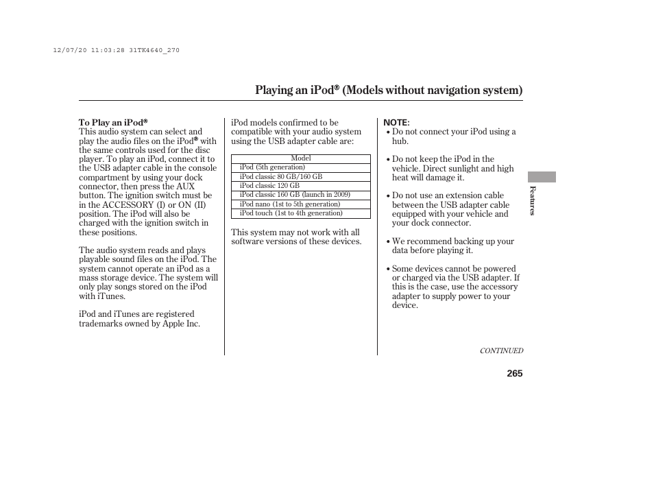 Playing an ipod (models without navigation system) | Acura 2014 TL - Owner's Manual User Manual | Page 271 / 653