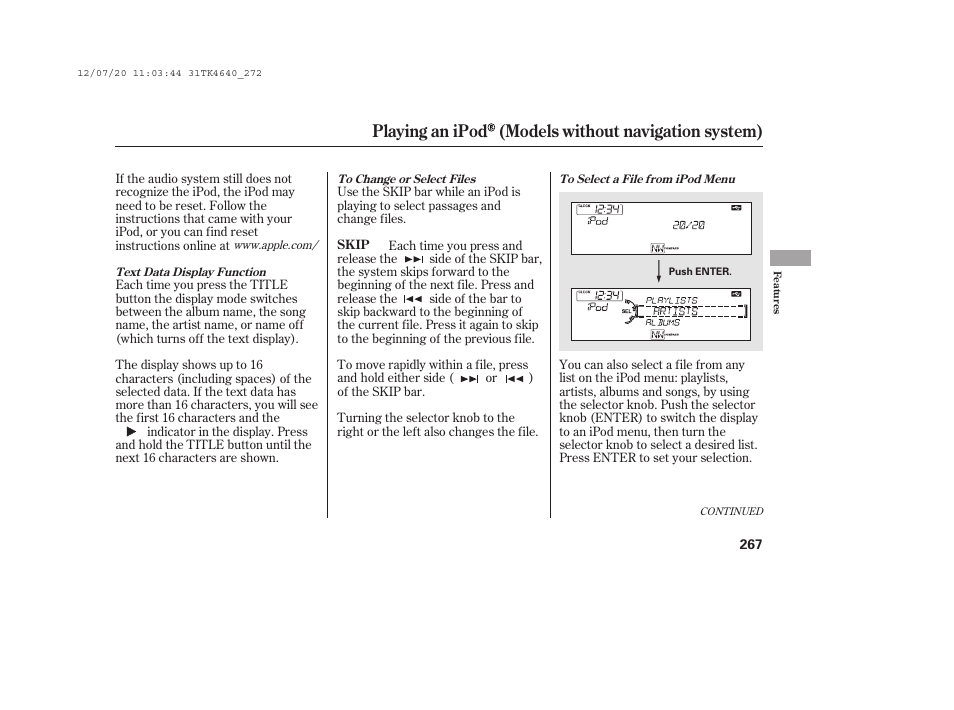 Playing an ipod (models without navigation system) | Acura 2014 TL - Owner's Manual User Manual | Page 273 / 653