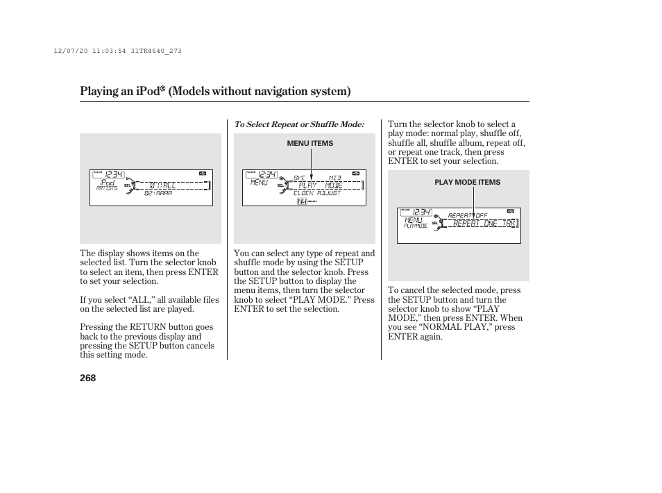 Playing an ipod (models without navigation system) | Acura 2014 TL - Owner's Manual User Manual | Page 274 / 653