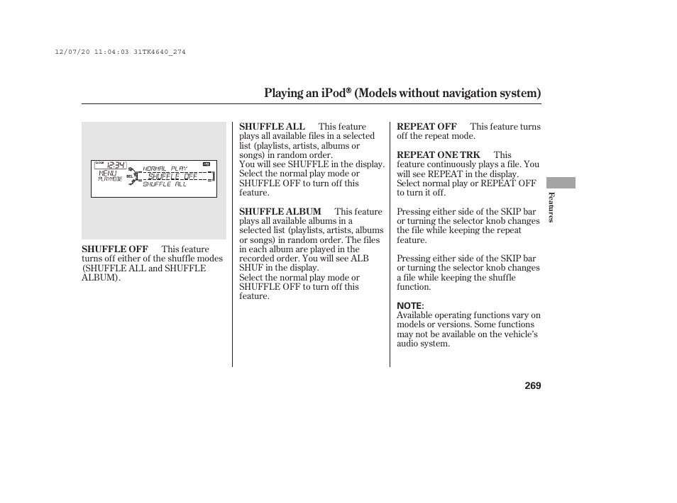 Playing an ipod (models without navigation system) | Acura 2014 TL - Owner's Manual User Manual | Page 275 / 653