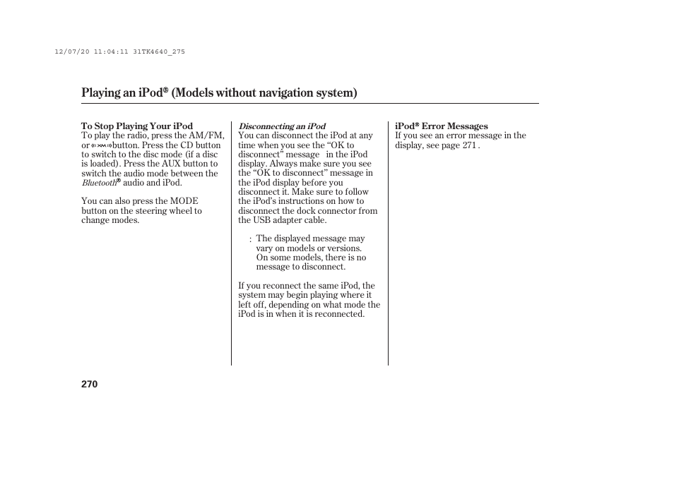 Playing an ipod (models without navigation system) | Acura 2014 TL - Owner's Manual User Manual | Page 276 / 653