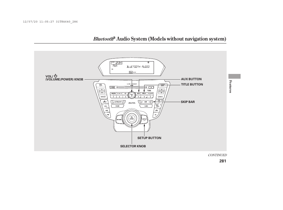 Audio system (models without navigation system), Bluetooth | Acura 2014 TL - Owner's Manual User Manual | Page 287 / 653