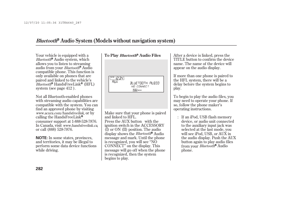 Audio system (models without navigation system), Bluetooth | Acura 2014 TL - Owner's Manual User Manual | Page 288 / 653