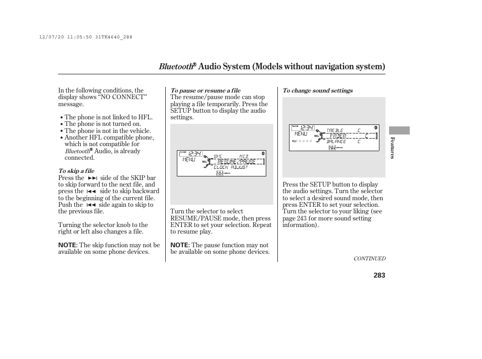 Audio system (models without navigation system), Bluetooth | Acura 2014 TL - Owner's Manual User Manual | Page 289 / 653