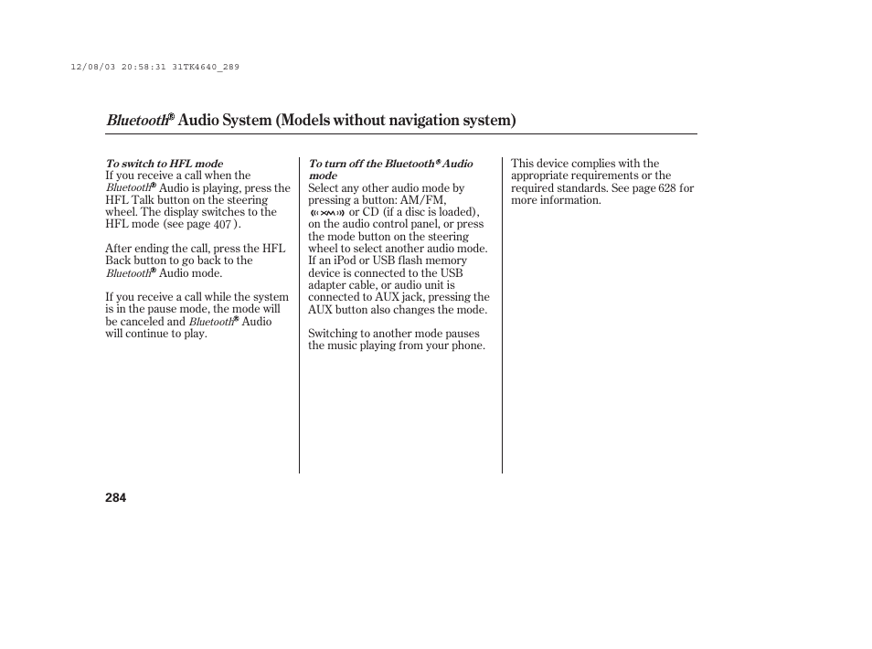 Audio system (models without navigation system), Bluetooth | Acura 2014 TL - Owner's Manual User Manual | Page 290 / 653