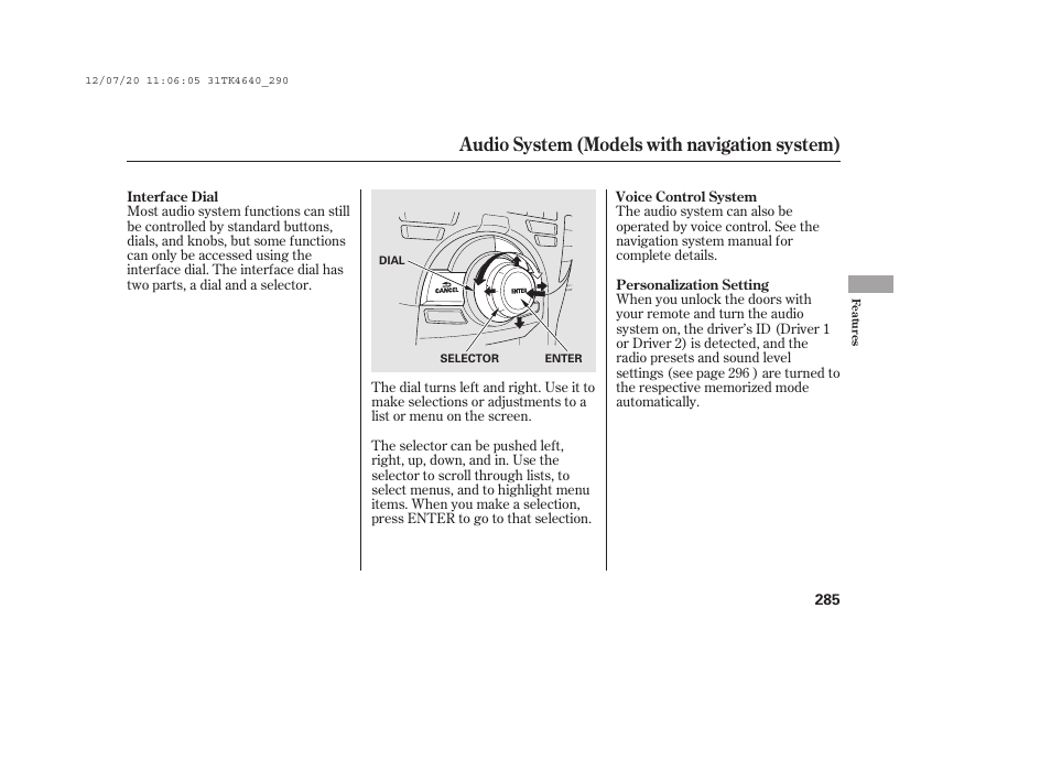 Audio system (models with navigation system) | Acura 2014 TL - Owner's Manual User Manual | Page 291 / 653