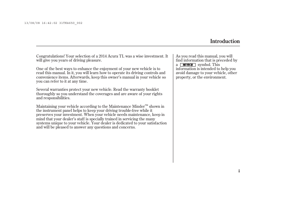 Introduction | Acura 2014 TL - Owner's Manual User Manual | Page 3 / 653