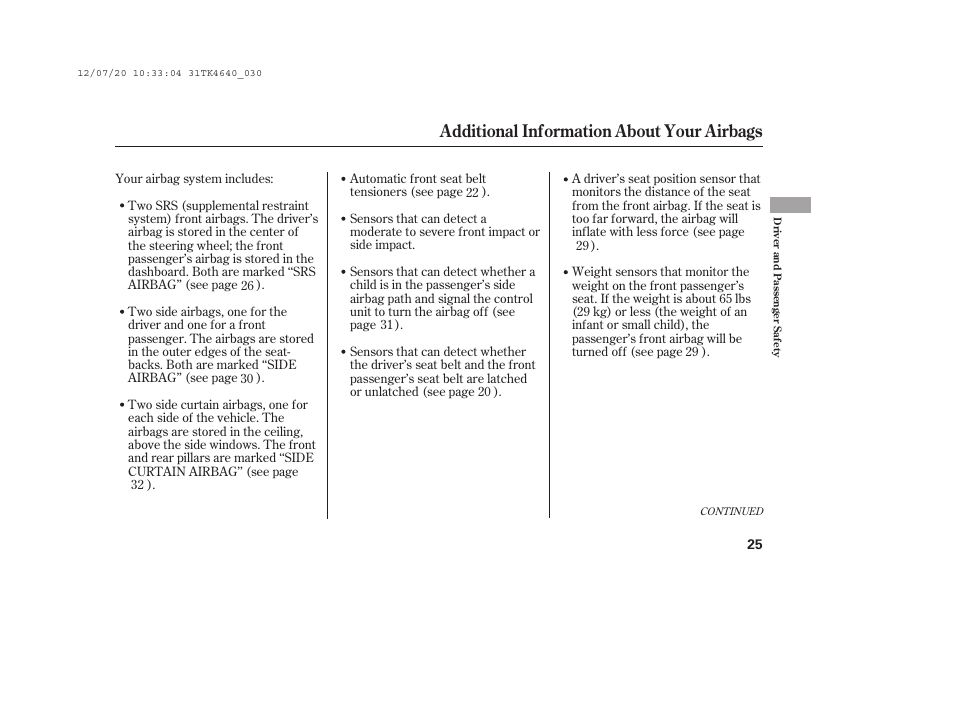 Additional information about your airbags | Acura 2014 TL - Owner's Manual User Manual | Page 31 / 653