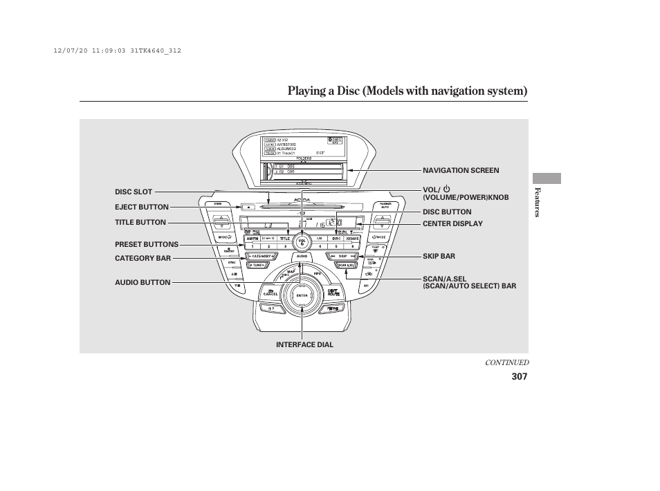 Playing a disc (models with navigation system) | Acura 2014 TL - Owner's Manual User Manual | Page 313 / 653
