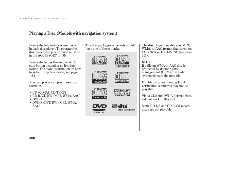 Playing a disc (models with navigation system) | Acura 2014 TL - Owner's Manual User Manual | Page 314 / 653