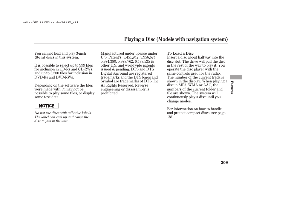 Playing a disc (models with navigation system) | Acura 2014 TL - Owner's Manual User Manual | Page 315 / 653