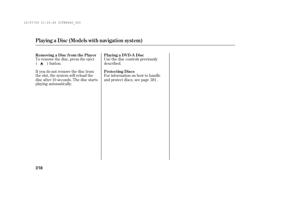 Playing a disc (models with navigation system) | Acura 2014 TL - Owner's Manual User Manual | Page 324 / 653