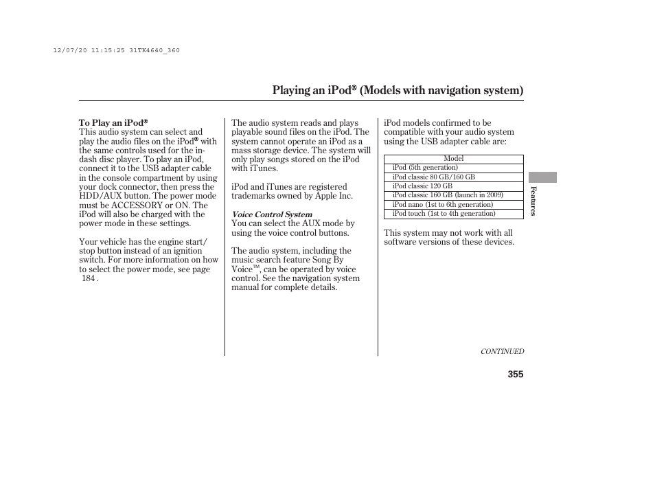 Playing an ipod (models with navigation system) | Acura 2014 TL - Owner's Manual User Manual | Page 361 / 653