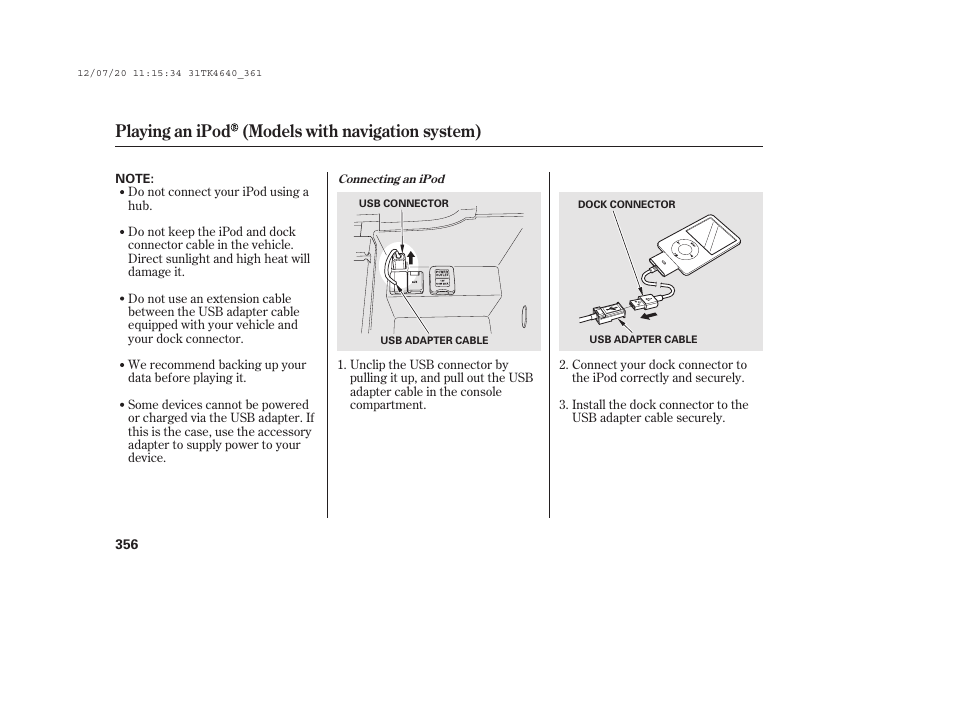 Playing an ipod (models with navigation system) | Acura 2014 TL - Owner's Manual User Manual | Page 362 / 653