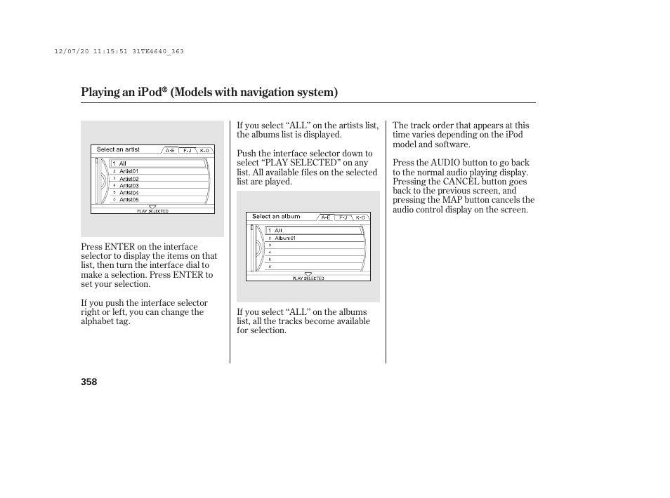 Playing an ipod (models with navigation system) | Acura 2014 TL - Owner's Manual User Manual | Page 364 / 653