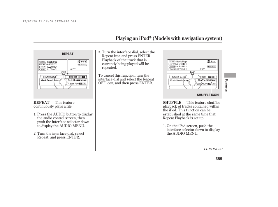 Playing an ipod (models with navigation system) | Acura 2014 TL - Owner's Manual User Manual | Page 365 / 653