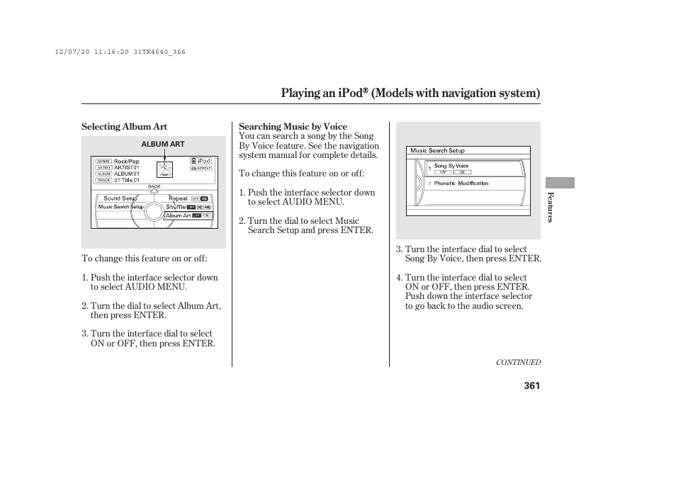 Playing an ipod (models with navigation system) | Acura 2014 TL - Owner's Manual User Manual | Page 367 / 653