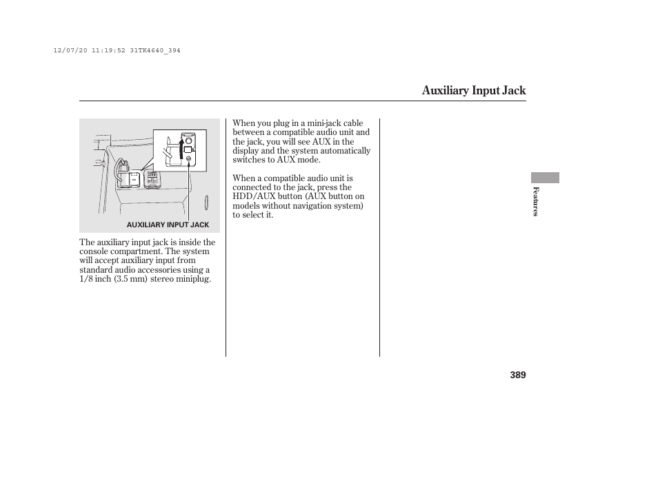 Auxiliary input jack | Acura 2014 TL - Owner's Manual User Manual | Page 395 / 653