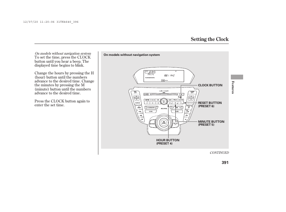 Setting the clock | Acura 2014 TL - Owner's Manual User Manual | Page 397 / 653