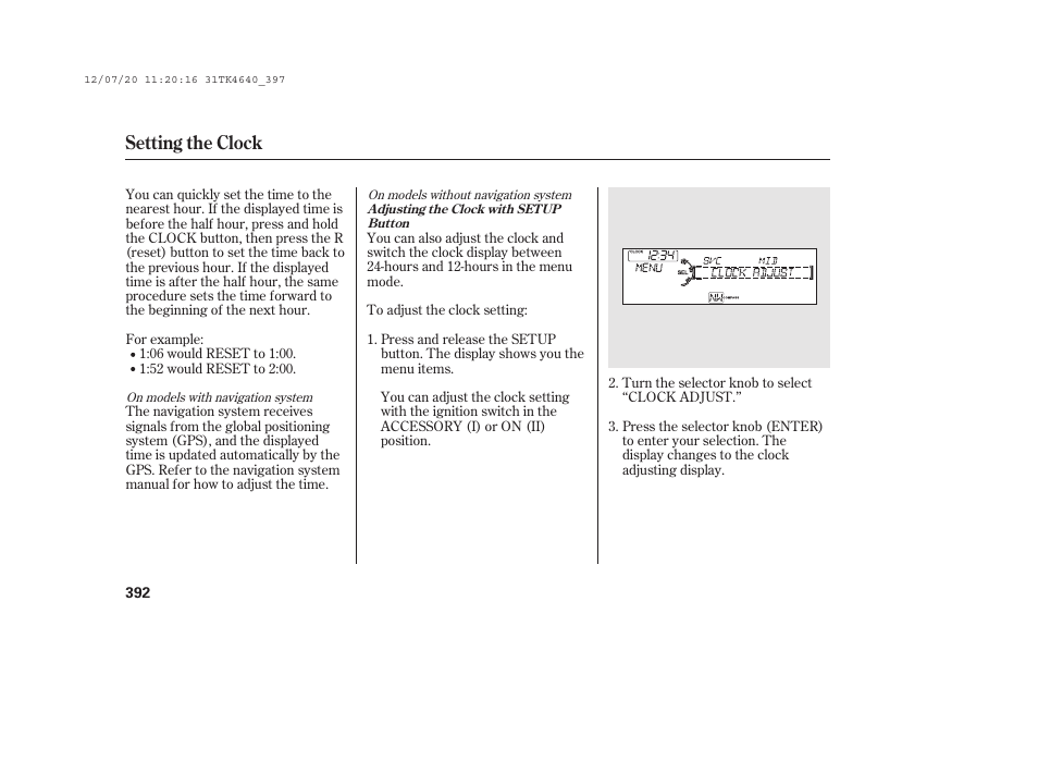 Setting the clock | Acura 2014 TL - Owner's Manual User Manual | Page 398 / 653