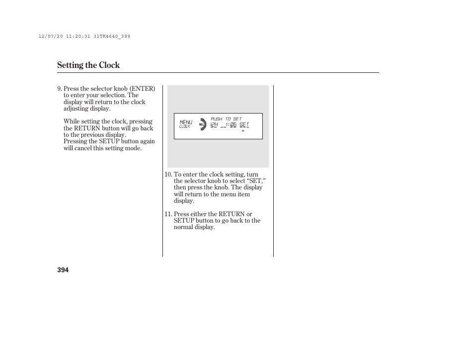 Setting the clock | Acura 2014 TL - Owner's Manual User Manual | Page 400 / 653