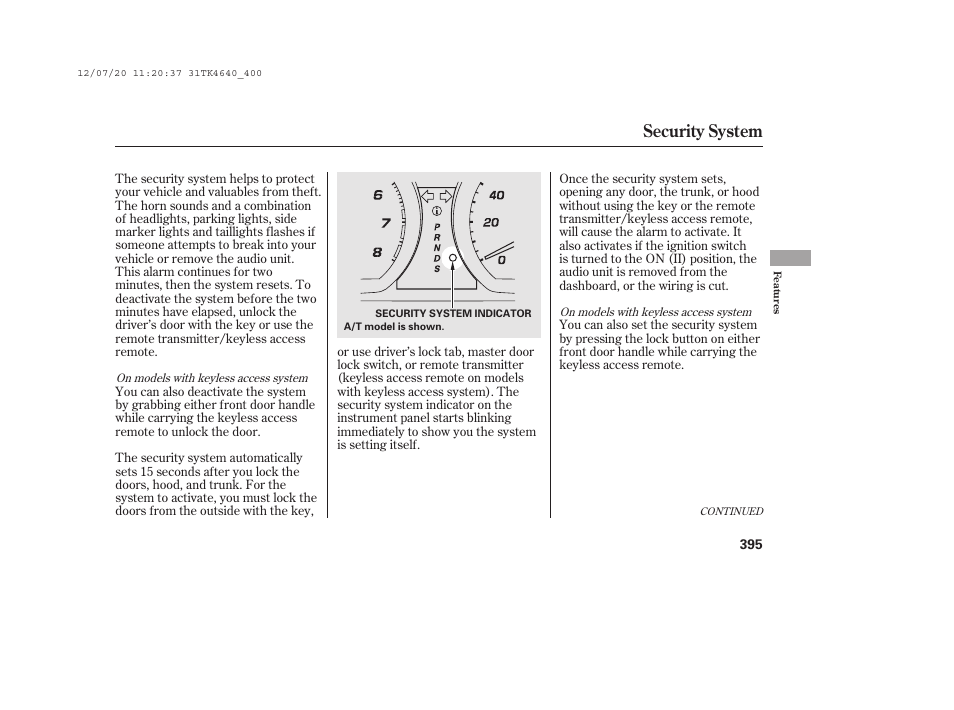 Security system | Acura 2014 TL - Owner's Manual User Manual | Page 401 / 653