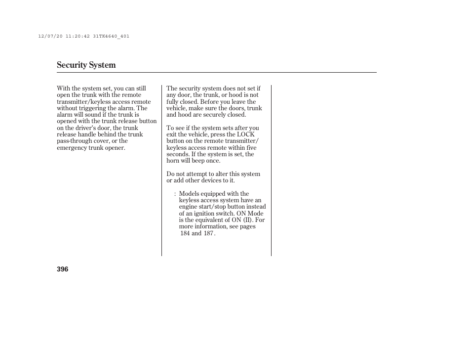 Security system | Acura 2014 TL - Owner's Manual User Manual | Page 402 / 653