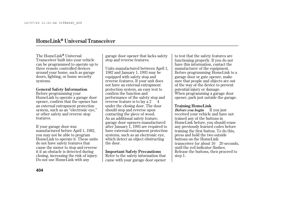 Homelink universal transceiver | Acura 2014 TL - Owner's Manual User Manual | Page 410 / 653