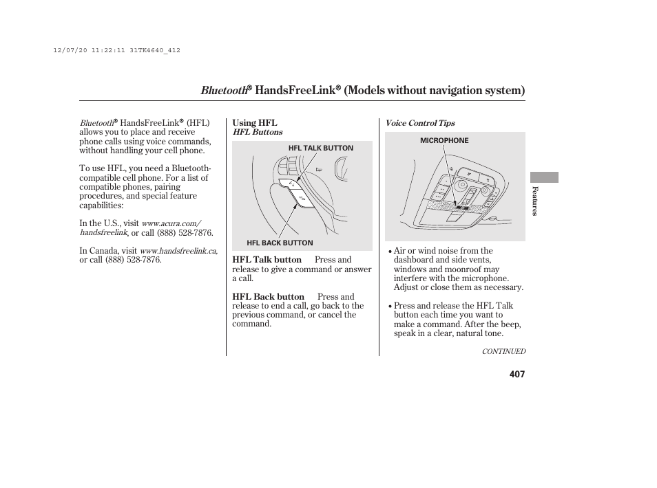 Handsfreelink (models without navigation system), Bluetooth | Acura 2014 TL - Owner's Manual User Manual | Page 413 / 653