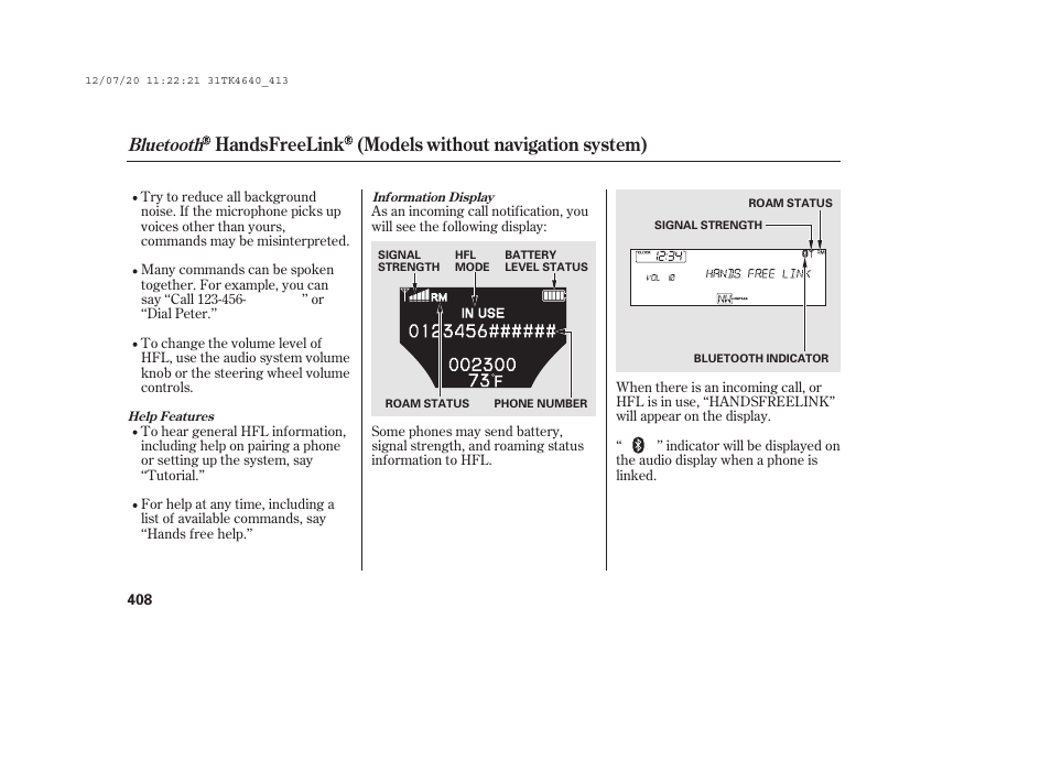 Handsfreelink (models without navigation system), Bluetooth | Acura 2014 TL - Owner's Manual User Manual | Page 414 / 653