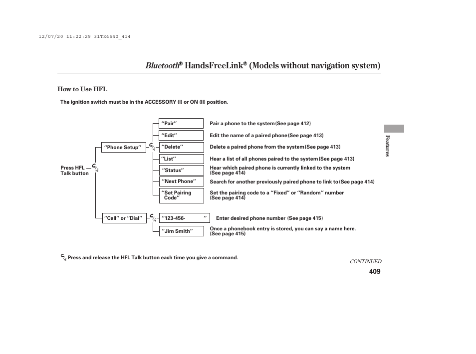 Handsfreelink (models without navigation system), Bluetooth | Acura 2014 TL - Owner's Manual User Manual | Page 415 / 653