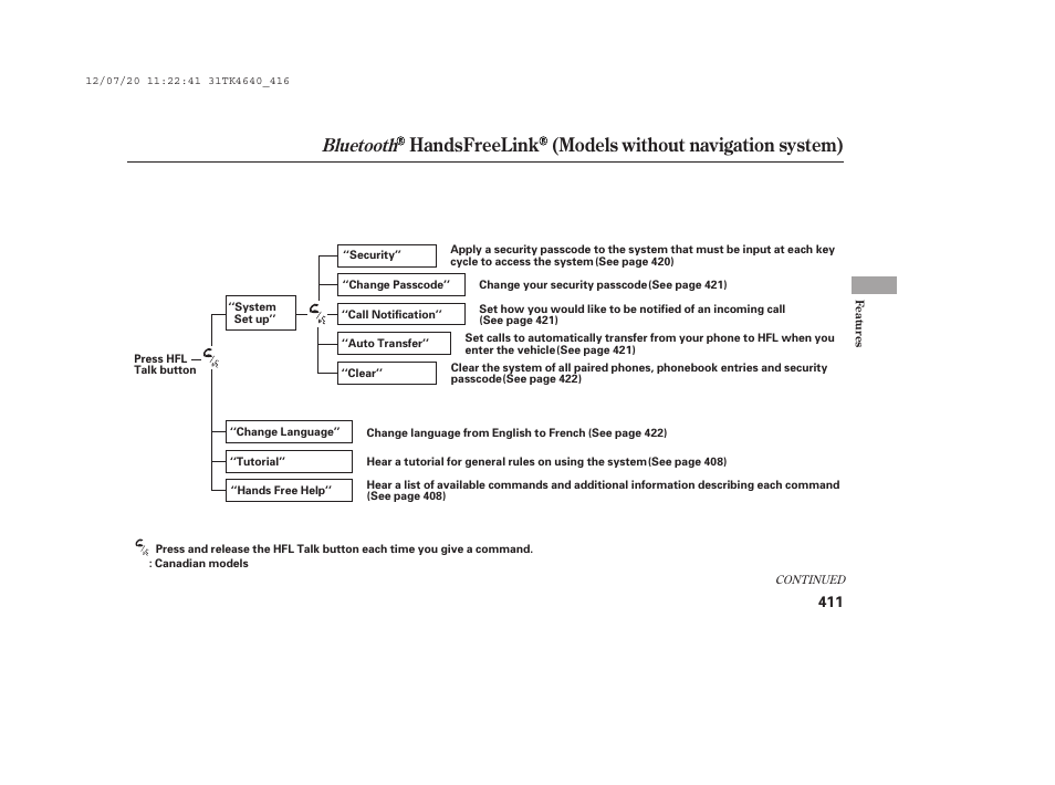 Handsfreelink (models without navigation system), Bluetooth | Acura 2014 TL - Owner's Manual User Manual | Page 417 / 653