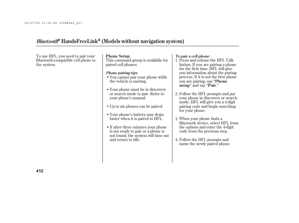 Handsfreelink (models without navigation system), Bluetooth | Acura 2014 TL - Owner's Manual User Manual | Page 418 / 653