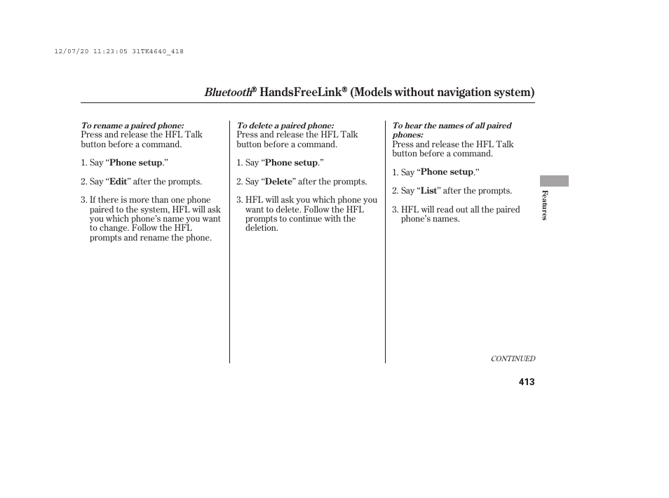 Handsfreelink (models without navigation system), Bluetooth | Acura 2014 TL - Owner's Manual User Manual | Page 419 / 653