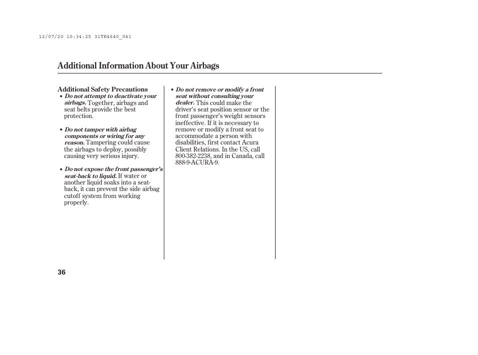 Additional information about your airbags | Acura 2014 TL - Owner's Manual User Manual | Page 42 / 653