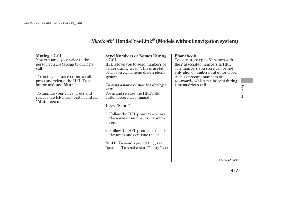 Handsfreelink (models without navigation system), Bluetooth | Acura 2014 TL - Owner's Manual User Manual | Page 423 / 653