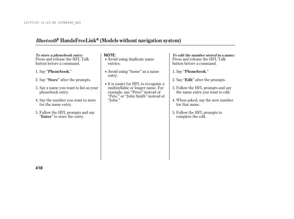 Handsfreelink (models without navigation system), Bluetooth | Acura 2014 TL - Owner's Manual User Manual | Page 424 / 653