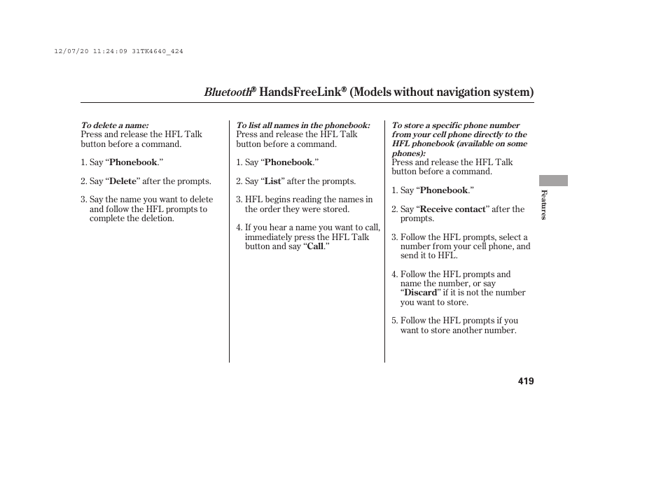 Handsfreelink (models without navigation system), Bluetooth | Acura 2014 TL - Owner's Manual User Manual | Page 425 / 653