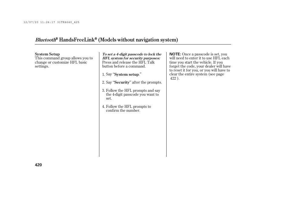 Handsfreelink (models without navigation system), Bluetooth | Acura 2014 TL - Owner's Manual User Manual | Page 426 / 653