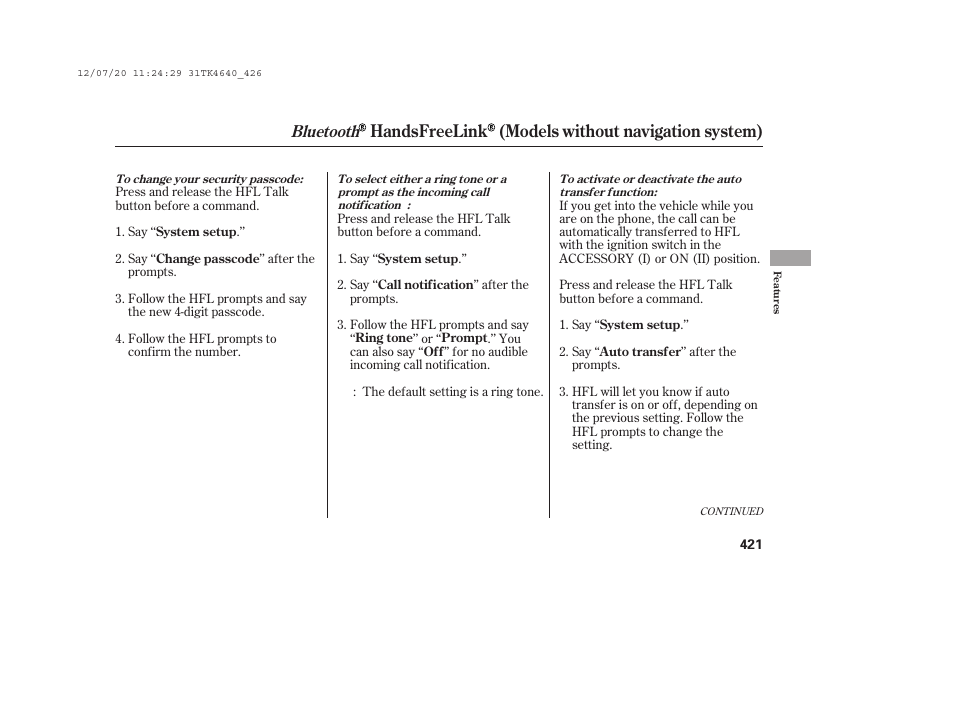 Handsfreelink (models without navigation system), Bluetooth | Acura 2014 TL - Owner's Manual User Manual | Page 427 / 653