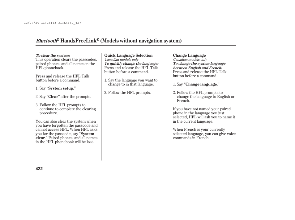 Handsfreelink (models without navigation system), Bluetooth | Acura 2014 TL - Owner's Manual User Manual | Page 428 / 653