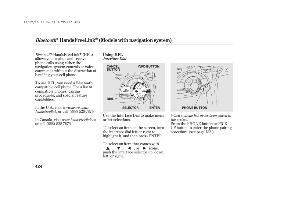 Handsfreelink (models with navigation system), Bluetooth | Acura 2014 TL - Owner's Manual User Manual | Page 430 / 653