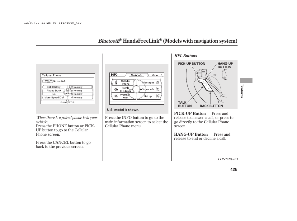 Handsfreelink (models with navigation system), Bluetooth | Acura 2014 TL - Owner's Manual User Manual | Page 431 / 653