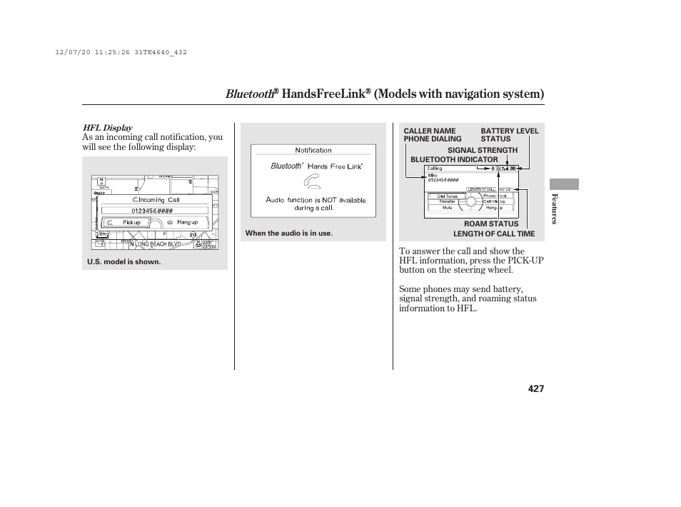 Handsfreelink (models with navigation system), Bluetooth | Acura 2014 TL - Owner's Manual User Manual | Page 433 / 653