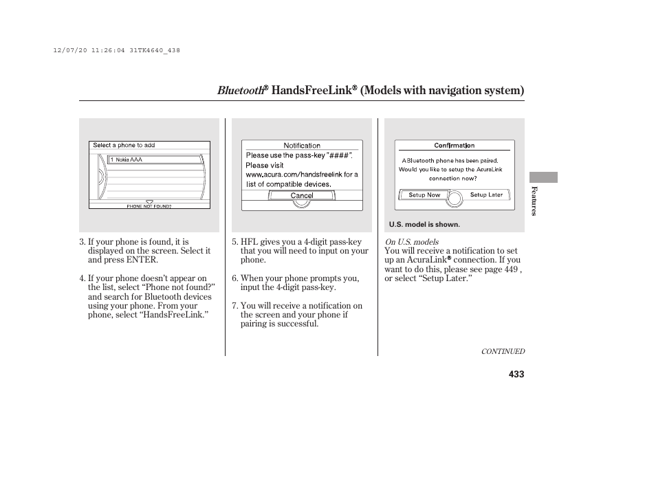 Handsfreelink (models with navigation system), Bluetooth | Acura 2014 TL - Owner's Manual User Manual | Page 439 / 653